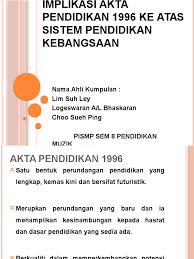 1.0 pengenalan akta pendidikan 1996 yang juga dikenali sebagai akta 550 adalah bertujuan memansuhkan akta pelajaran 1961. Implikasi Akta Pendidikan 1996 Ke Atas Sistem Pendidikan