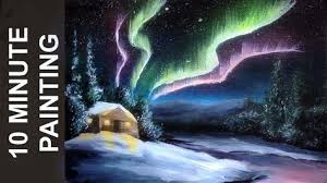 Today We Paint Northern Lights And A Small Winter Cabin In Fewer Than 10 Minutes Northern Lights Painting Landscape Painting Lesson Landscape Paintings Acrylic