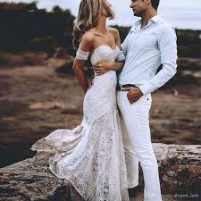 Bohemian Mermaid Beach Wedding Dresses 2019 Vintage Off Shoulder Crochet Cotton Lace Fish Lace Beach Wedding Dress Lace Mermaid Wedding Dress Boho Bridal Dress