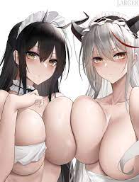 2022 2girls absurd res aegir (azur lane) artist signature  asymmetrical docking azur lane black hair breast focus breast to breast  breasts brown eyes female female only hazel eyes horns