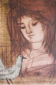 ETIENNE RET 1900-1996 VINTAGE ETCHING SIGNED NUMBERED GIRL DOVE AMERICAN  FRENCH