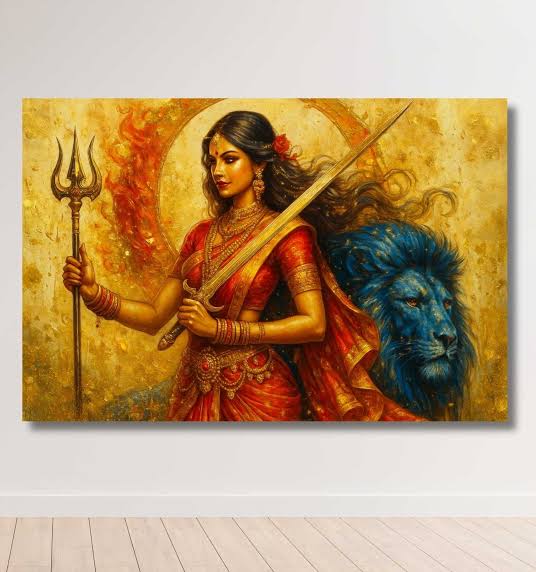 Durga Abstract Painting | Red Saree Durga Maa Painting with Sword, Trishul  & Blue Lion