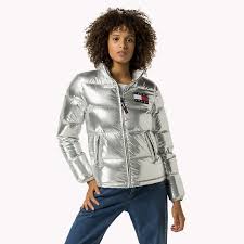 Tommy Hilfiger Silver Down Puffer Jacket Metallic Silver Grey Tommy Hilfiger Jackets Main Image Puffer Jacket Women Jackets Tommy Hilfiger