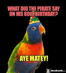 Birds Of The Same Feather Joke Party Parrot Joke What Did The Pirate Say On His 80th Birthday Aye Matey Birthday Jokes Happy Birthday Funny Birthday Wishes Funny