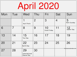 April 2020 Calendar With Federal Holidays Printable In 2020 Calendar Holiday Calendar Printable Calendar For April