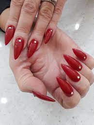 Red Pointed Nails With Diamonds Pointed Nails Nails Diamond Nails