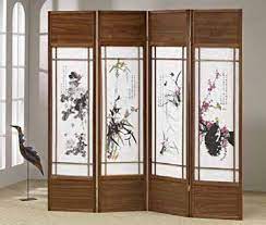 The international black 4 panel plum blossom screen room divider??is timelessly elegant with arched branches dripping with cherry blossoms. 5453 4 Panel Walnut Finish Wood Room Divider Shoji Screen With Floral Japanese Paintings In The Centers