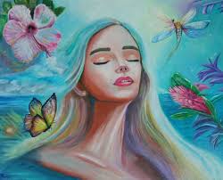 OOAK Original Oil Painting Tropical Butterfly Ocean flower 16 x 20" Bronwen  Sky