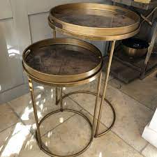 Gold round nesting end side tables glass top set of 2, stacking small coffee tables for small space living room bedroom, (16.5x22.25 + 13.75x19). Nest Of 2 Gold Tables With Tray Map Design Home Lifestyle From The Luxe Company Uk