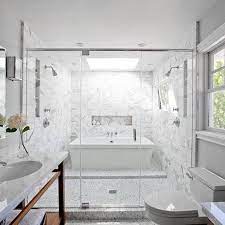 Master bathroom remodel, shower, free standing bath tub, calacatta marble tile | interior designer: Pin On Bathroom Loves