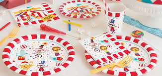 Decorlife circus birthday party supplies for 16, carnival theme party decorations, 54'' x 108'' table cover, 3 tier cupcake stand, carnival banner, popcorn boxes, cake toppers, plates and napkins, cups, cutlery included, total 143pcs. Circus Carnival Birthday Party Supplies Party Delights