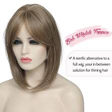 Hair Toppers for Women Adding Hair Volume, Short Bob Hair Topper with  6.5x6.5inch Big Base Clip in Wiglets with Fringe Fiber Hairpieces for Women  with Thinning Hair(Ash Light Brown with Highlights) :