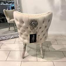 The emma crushed velvet dining chairs are enhanced with a quilted back, chrome lion head knocker and four chrome legs to elevate your dining room. Valencia Brushed Velvet Dining Chair With Lion Knocker Mink