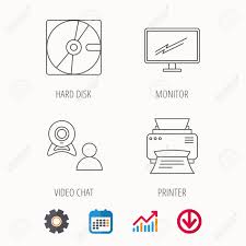 Monitor Printer And Video Chat Icons Hard Disk Linear Sign