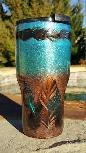 This Listing Is For A Custom Designed Glitter Tumbler That Has Been Decorated With Real Feathers It Is Tumbler Cups Diy Yeti Cup Designs Glitter Tumbler Cups