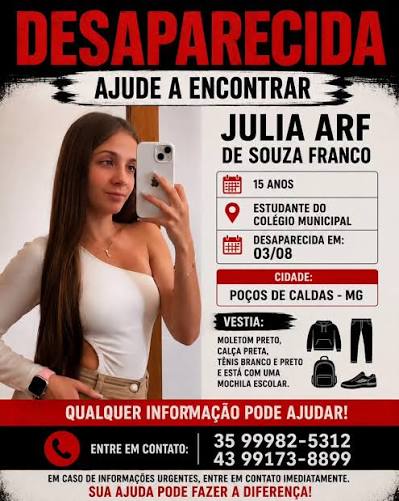 JÚLIA SEGUE DESAPARECIDA Qualquer informação deve ser repassada à família  ou a Polícia. #rotanaplan #pocosdecaldas #polícia #notícias #minasgerais