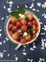 Recette De Salade De Pasteque Melon Feta Olive Tomates Cerise Et Basilic Les Recettes De Sandrine Au Companion Ou Pas Salade De Pasteque Recette Salade Tomates Cerises