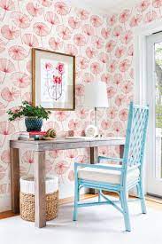 With This Floral Wallpaper It Will Feel Like Summer All The Time Hot Pink Bright Orange And Flamingo Traditional Home Office Home Decor Home Office Design