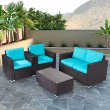 Browse our outdoor seating sets made of durable materials and woven wicker, ideal for outdoor use all season. Kinbor 4pcs Outdoor Patio Furniture Pe Rattan Wicker Rattan Sofa Sectional Set With Blue Cushions Walmart Com Walmart Com