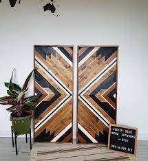 Set Of Two Burnt Orange Off White And Black Wall Hanging Boho Art Finished With A Warm Shade Of Wood Add This Beautiful Boho Wall Art Wood Wall Art Wood Art