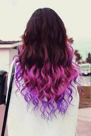 Amazing Black Hair With Pink And Purple Highlight White Shirt Curly Hair Hair Styles Purple Ombre Hair Dip Dye Hair