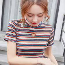 Moon City Heart Cutout Striped Short Sleeve T Shirt Yesstyle