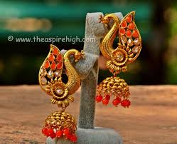 Peacock Pattern Orange And Light Pink Colored Stone Embellished Hanging Pearls Earrings Rs 1033 Our Price Is Inclusive O Earrings Jhumka Earrings Stone Studs