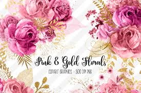 Watercolor floral rose gold painted flowers circle frame. Pink And Gold Floral Clipart By Digital Curio Thehungryjpeg Com