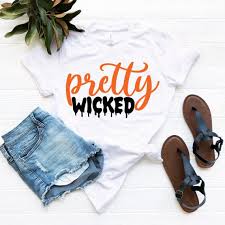 Pretty Wicked Tshirt Funny Halloween Shirts Outfit Cute Tee For Mom Women Man Fall Ghost Gift Idea