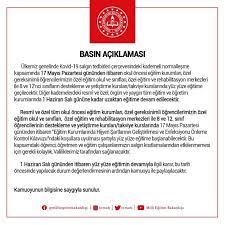 Milli eğitim bakanlığı'ndan yapılan açıklamada, 17 mayıs 2021 günü resmi ve özel, örgün ve yaygın tüm eğitim ve öğretim kurumlarında uzaktan eğitim yapılacaktır denildi. Tsgoleggyfbbsm