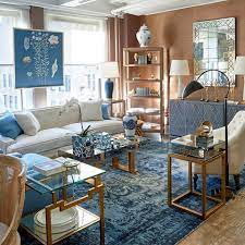 Bungalow 5 Janak Mid Century Modern Blue Diamond Patterned Nailhead Grasscloth Wrapped Buffet Sideboard Home Living Room Blue Living Room Blue And Gold Living Room