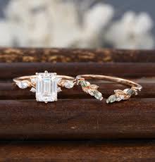 Vintage Emerald Cut Moissanite Engagement Ring Set Rose Gold Engagement  Ring Marquise Cluster Ring Unique Women Open Moss Wedding Bridal Set