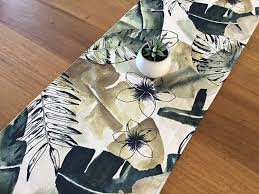 Tropical Table Runner Green Sage Grey Black Tan Coastal Boho Tropical Style Beach House Decor Retro Tropical Beach House Decor Tropical Table Runners Tropical Style