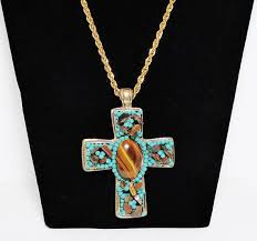 Large Artisan Cross Pendant Necklace Tigers Eye Gemstone Stonecross Crosspendant Vintagejewelry Valentines Jewelry Pendant Necklace Cross Pendant Necklace
