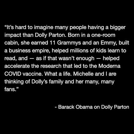 Former president Barack Obama has paid tribute to Dolly Parton: "It's hard  to imagine many people having a bigger impact."