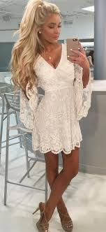 A Line V Neck Open Back Bell Sleeves Short White Lace Homecoming Dress Cocktail Dress Lace Lace Party Dresses White Homecoming Dresses