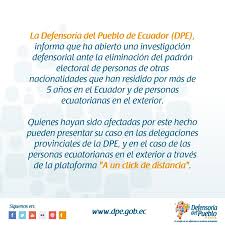 El consejo electoral habilitó un link en su portal en línea y estará activo hasta el 19. Defensoriadelpueblo V Twitter Atencion Defensoriadelpueblo Ante Eliminacion De Padron Electoral A Personas De Otras Nacionalidades Que Residen Por Mas De Cinco Anos En El Ecuador Https T Co M8ci3tkgzs