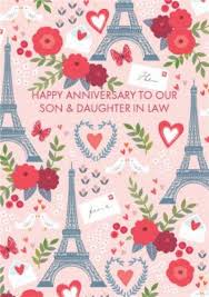 Anniversary card for a happy couple with lots of good wishes. Paris French Romantic Parisian Personalised Happy Anniversary Card For Our Son Daughter In Law Moonpig