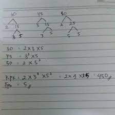 Untuk soal ini kita akan menggunakan cara faktorisasi prima. Tentukan Kpk Dan Fpb Dari 30 45 Dan 50 Dengan Pohon Faktor Brainly Co Id