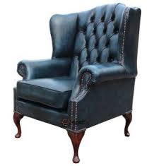Chesterfield Flat Wing Queen Anne High Back Fireside Chair Antique Blue Leather Fireside Chairs Club Chairs Living Room Chesterfield Furniture