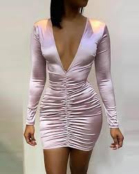 Deep V Neck Ruched Design Dress Designer Dresses Pink Mini Dresses Online Dress Shopping