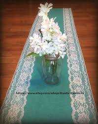 Rustic Charm Wedding Teal Jade Turquoise Aqua Blue Burlap And White Lace Wedding Table Table Runners Wedding Bridal Shower Rustic Rustic Wedding Table Runners
