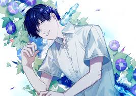 He has short blue hair and sanpaku eyes. 5092120 Bottle Blue Hair Short Hair Flower Blue Eyes Wallpaper Cool Wallpapers For Me