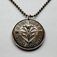 1959 Uk Bailiwick Guernsey 8 Doubles Coin Pendant Necklace Jewelry Lily Lillies Flowering Flower Plant Bouq Coin Pendant Necklace Coin Pendant Pendant Necklace