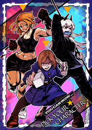 kugisaki nobara, power (chainsaw man), sazanami kuina, chainsaw man,  jujutsu kaisen, tougen anki, looking away, highres, 3girls, abs, breasts,  crossover, fish, gloves, hammer, horns, large breasts, looking at viewer,  multicolored eyes, multiple