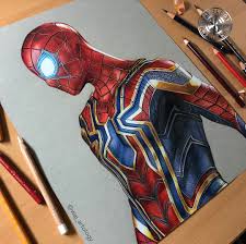 For the spider web drawings, you have to draw what would be the more or less straight vertical lines, while the transverse lines are small arcs that go from line to line of the verticals that we draw. Iron Spider Man Drawing Approx 30 Hours Real Time Prismas Polychromos On Strathmore Mizuriofficia Spiderman Painting Spiderman Art Sketch Iron Man Art
