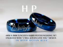 Top Quality Tungsten Carbide His 8mm Hers 6mm Deep Ocean Blue High Polish Dome Harr Harry Potter Ring Harry Potter Jewelry Rings Harry Potter Engagement Ring