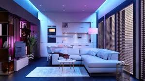 Luxury living room in house at night. Modern Living Room And Open Plan Kitchen At Night With Neon Lights By Duoanimation