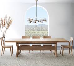 Contemporary style dining table with a 12mm tempered glass top featuring 2 self storing extension leaves and a double pedestal base made with solid ash. Modern Farmhouse Extending Dining Table Pottery Barn