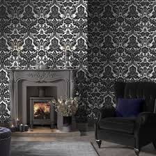 Black And Silver Wallpaper Uk Gothic Damask Flock Black Silver Wallpaper Graham Brown Uk Silver Wallpaper Black And Silver Wallpaper Gothic Living Rooms